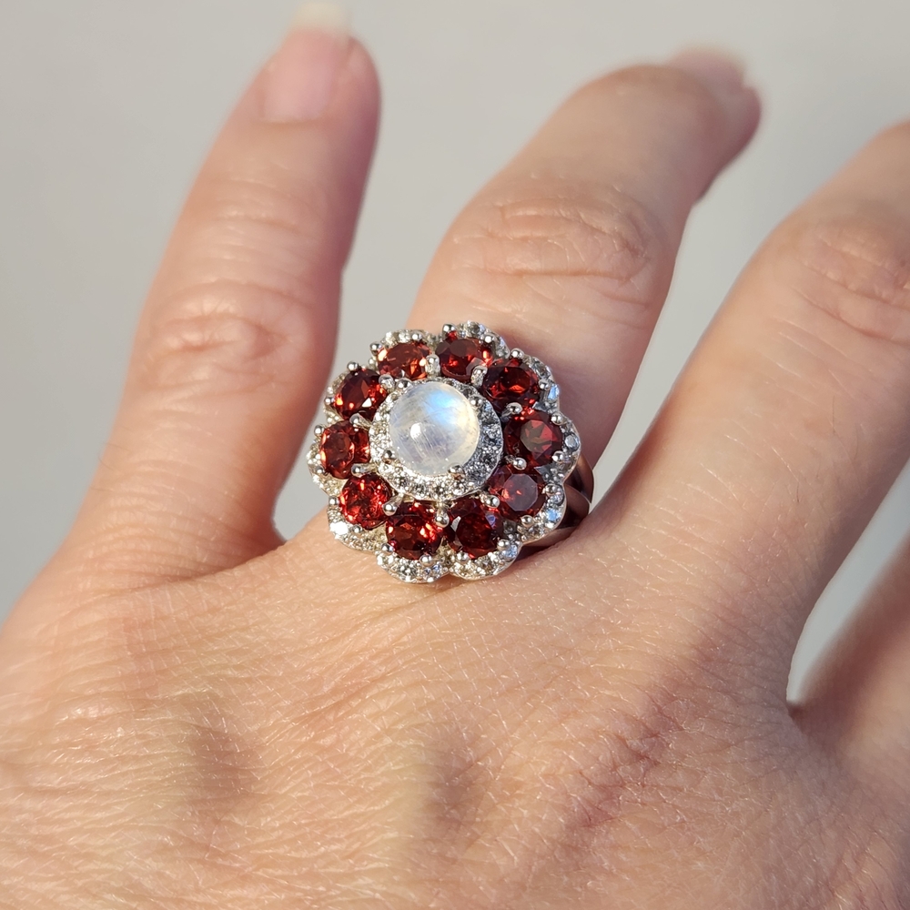 VTG Custom Garnet, Rainbow Moonstone & Zircon 925 Ring Sz 6 - Picture 6 of 13